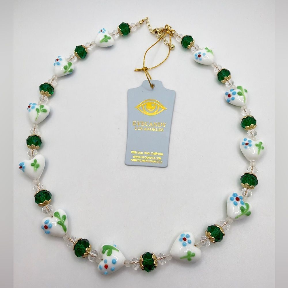 NWT 18" EyeCandy all blown glass and faceted glass beads necklace in gold tone!